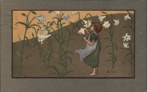 Barham Fantasy Little Girl Amonst Giant Flowers MM Vienne 313 c1910 Postcard