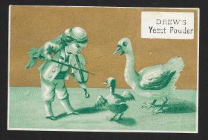 VICTORIAN TRADE CARD Drews Yeast Boy Playing Violin to Chicken & Goose