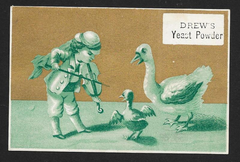 VICTORIAN TRADE CARD Drews Yeast Boy Playing Violin to Chicken & Goose