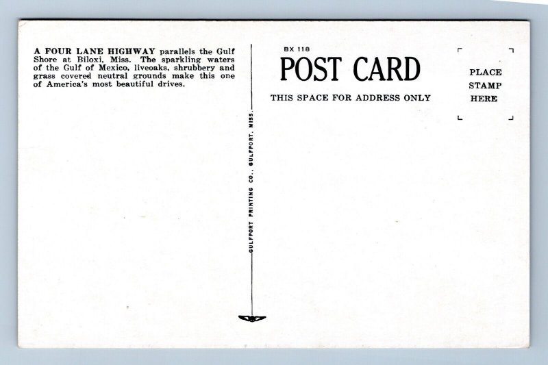 Four Lane Beach Drive Highway Biloxi Mississippi MS UNP Unused WB Postcard E15