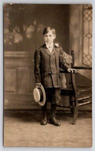 RPPC Dapper Young Boy With Hat Studio Portrait Real Photo Postcard I38