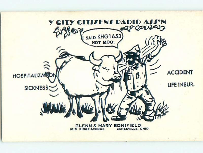 Cattle Cow - Qsl Cb Ham Radio Card Zanesville Ohio OH t8899