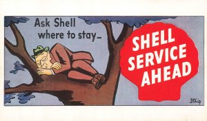 Shell Service Ahead Postcard Ask Where to Stay? William Steig 1950s Postcard