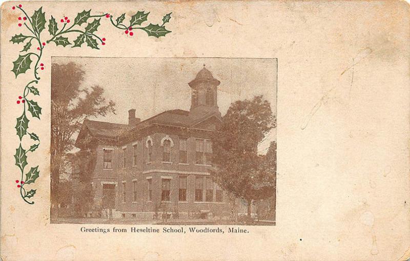 Portland ME Christmas Greetings Haseltine School in Woodfords Postcard