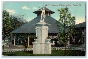 1914 Scene Al Fresco Park Monument Statue Sculpture Peoria Illinois IL Postcard