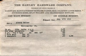 1915  Bridgeport  Connecticut  The Hawley Hardware Co.  Receipt  8 x 5