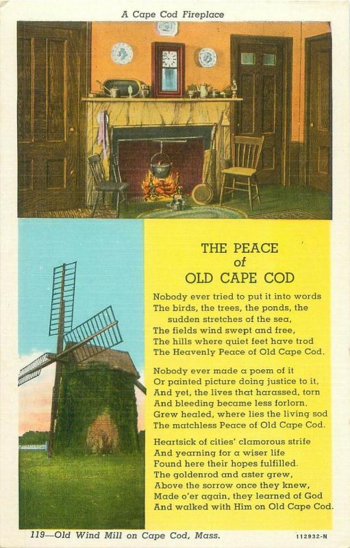 Cape Cod Fireplace and Windmill, Peace of Old Cape Cod Poem MA Linen Postcard