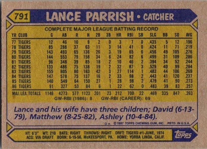 1987 Topps Baseball Card Lance Parish Detroit Tigers sk13721