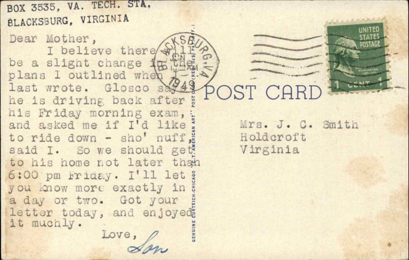 Blacksburg Virginia VA College University Polytechnic Institute VPI c1940s PC