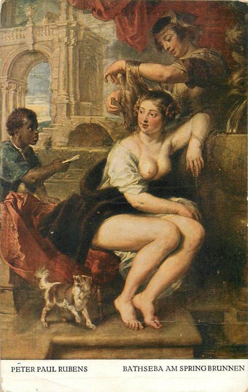 Vintage art postcard nude painting Peter Paul Rubens Bathseba am Spring Brunnen