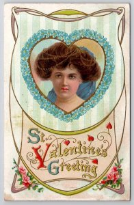 Valentine Greeting Pretty Woman In Flower Heart Postcard X24