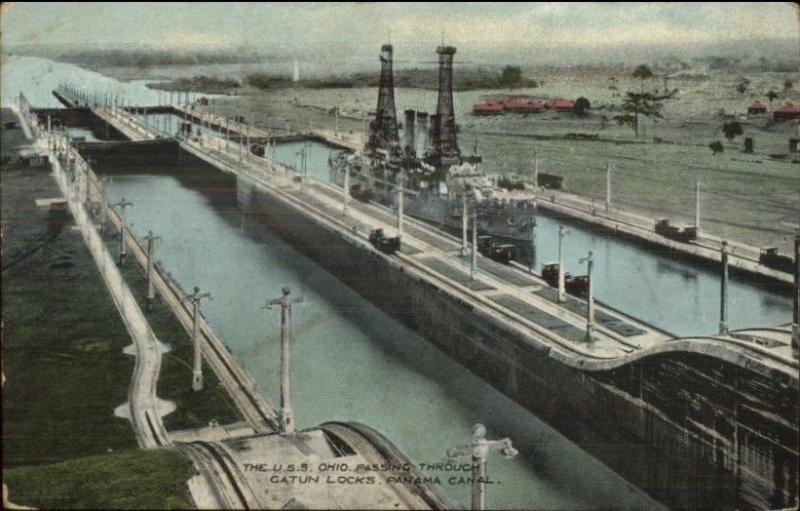 Panama Canal Zone USS Ohio Passing in Gatun Locks c1910 Postcard