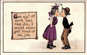 Young Girl and Boy Kiss, Iff Work Was Like Dis Comic c1913 Vintage Postcard D34