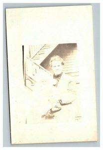 Vintage 1910's RPPC Postcard Photo of Mother and Infant in Front of Stairs