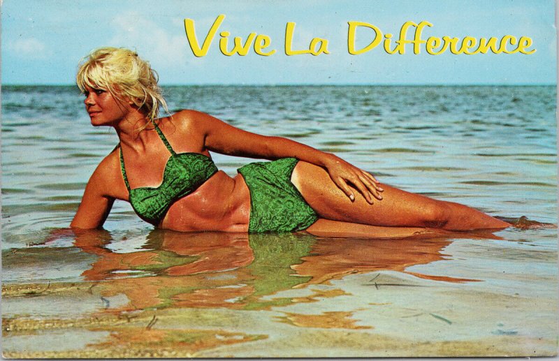 Blonde Woman Posing Water Beach Scene Green Bathing Suit Unused Postcard G97