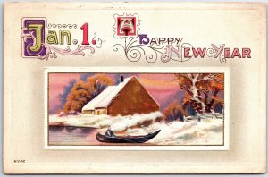 VINTAGE POSTCARD CANOE BOAT ON LAKE AT COTTAGE NEW YEAR GREETINGS EMBOSS 1915