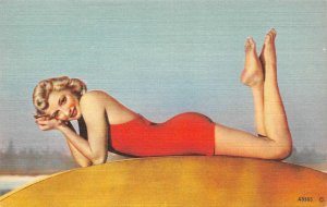 Pin-Up Red Bathing Suit Blonde Woman Risque ca 1940s Linen Vintage Postcard