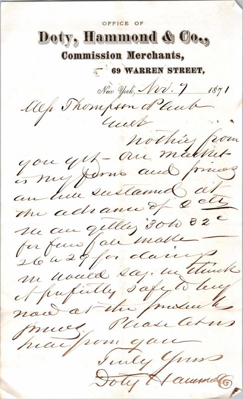 c1871 Doty, Hammond & Co. 69 Warren St New York NY Letterhead Antique Paper