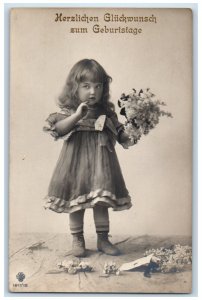 c1910's Birthday Cute Girl Curly Hair Flowers Russia Latvia RPPC Photo Postcard 