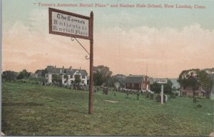 Postcard Towne's Antientest Buriall Place and Nathan Hale School New London CT