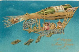 Embossed New Year Postcard Cherubs in Champagne Powered Zeppelin Toss Money 757