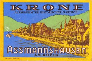 KRONE Assmannshausen Am Rhein Germany ca 1920s Vintage Travel Luggage Label