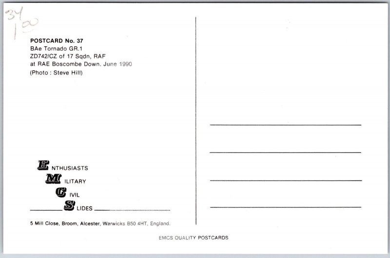 Airplane US Airforce BAe Tornado GR1 17th Squadron RAE Boscombe Down Postcard