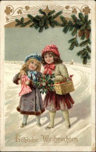 Frohliche Weihnachten Christmas Little Girls with Doll Dolly c1910 Postcard