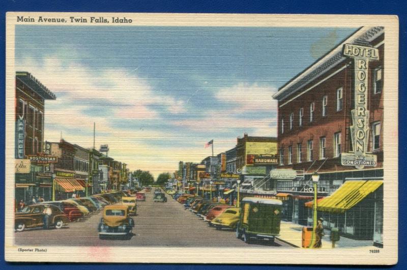 Twin Falls Idaho id Main Street 1940s linen postcard