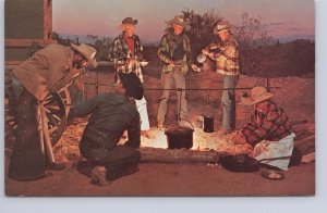 Cowboys, Cooking, Eating, Smoking Around The Campfire, Vintage Chrome Postcard