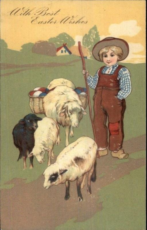 Little Boy Shepherd & Lambs EASTER c1910 Postcard rpx PFB