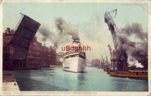 S.S. ROOSEVELT PASSING THROUGH STATE STREET BRIDGE. CHICAGO, IL 1910