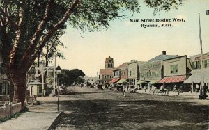 Hyannis MA Main Street storefronts Horse & Wagons Postcard