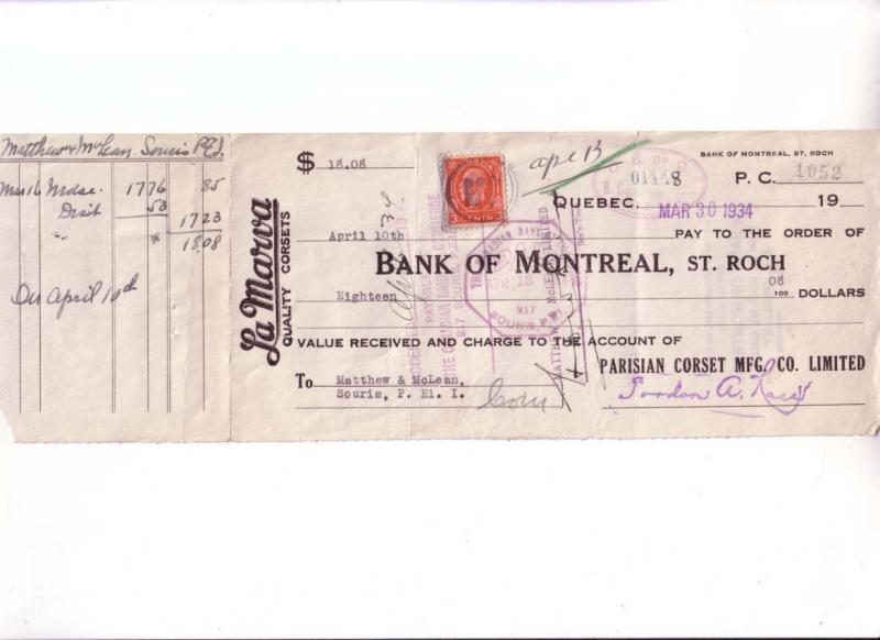 Custom Cheque, La Marva Quality Corsets  Montreal, Canada Three Cent Stamp 1934