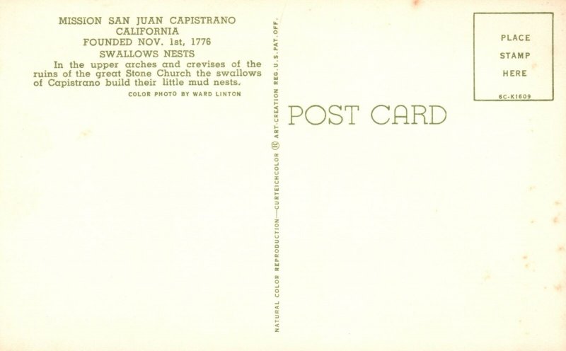 Vintage Postcard Upper Arches & Crevises Mission San Juan Capistrano California