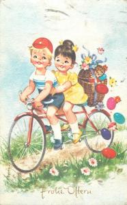 Easter greetings postcard children couple caricature bicycle eggs fantasy