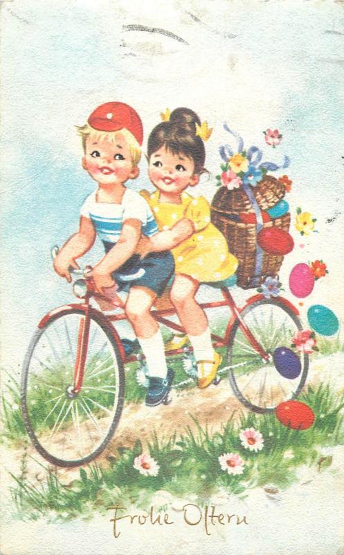 Easter greetings postcard children couple caricature bicycle eggs fantasy