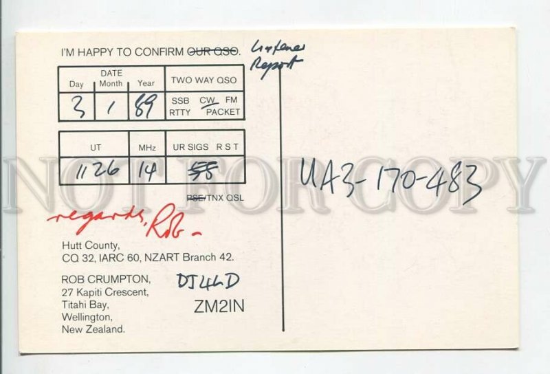 462926 1989 year New Zealand Wellington radio QSL card