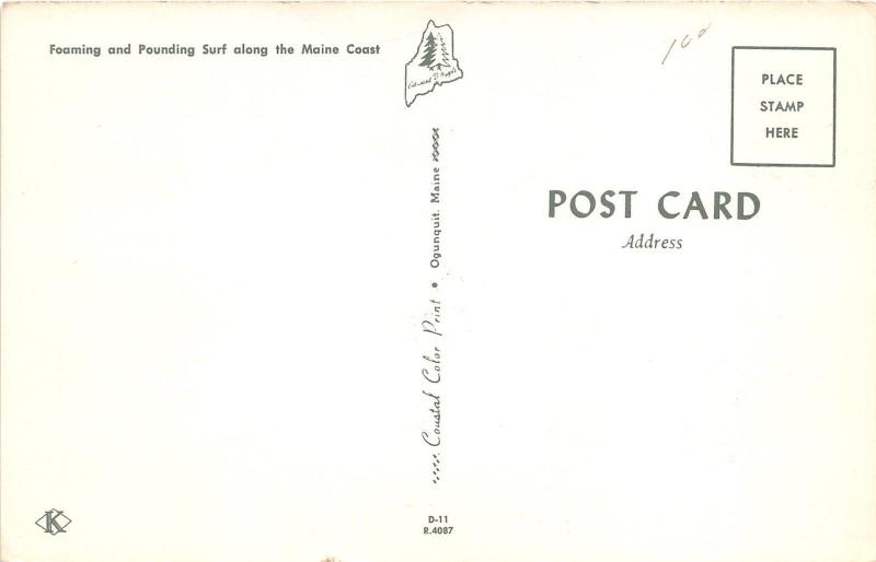 Maine~Foaming & Pounding Surf Along Rocky Coast~1950s Postcard