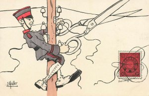 EMuller Artist Japan--Korea War Soldier Cutting The Wires Stamps Postcard