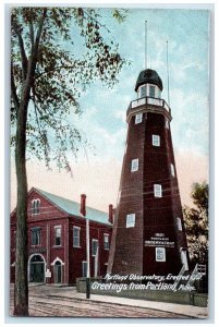 c1950 GREETINGS FROM PORTLAND Firehouse Next To Observatory Portland ME Postcard