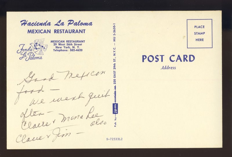 New York City, New York/NY Postcard,  Hacienda La Paloma Mexican Restaurant