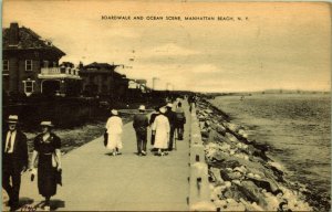 Boardwalk Ocean Scene Manhattan Beach New York Postcard PM 1940