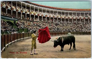 c1920s Madrid, Spain Bullfighting Arena Matador Red Cape Bull Crowd Pase A359