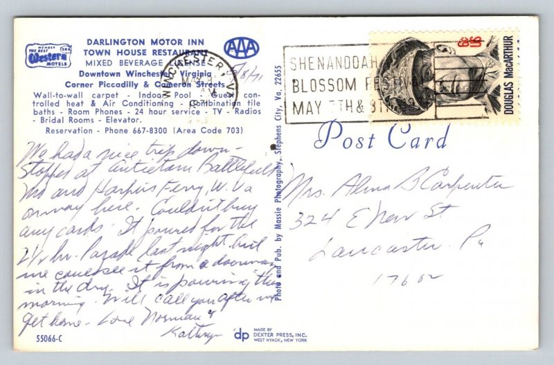 Darlington Motor Inn  Winchester  Virginia   Postcard