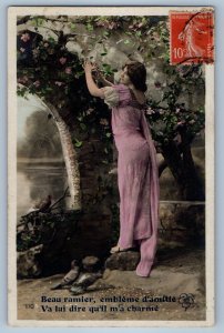 1911 Pretty Woman Purple Dress And Birds Studio RPPC Photo Antique Postcard