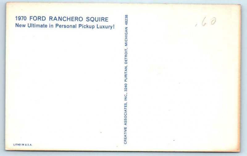 Automobile Car Advertising 1970 FORD RANCHERO SQUIRE Personal Pickup  Postcard