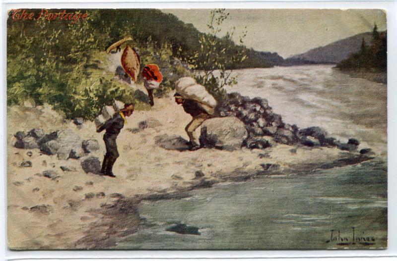 Portage Native American Indian Porters Canoe Artist Signed John Innes postcard