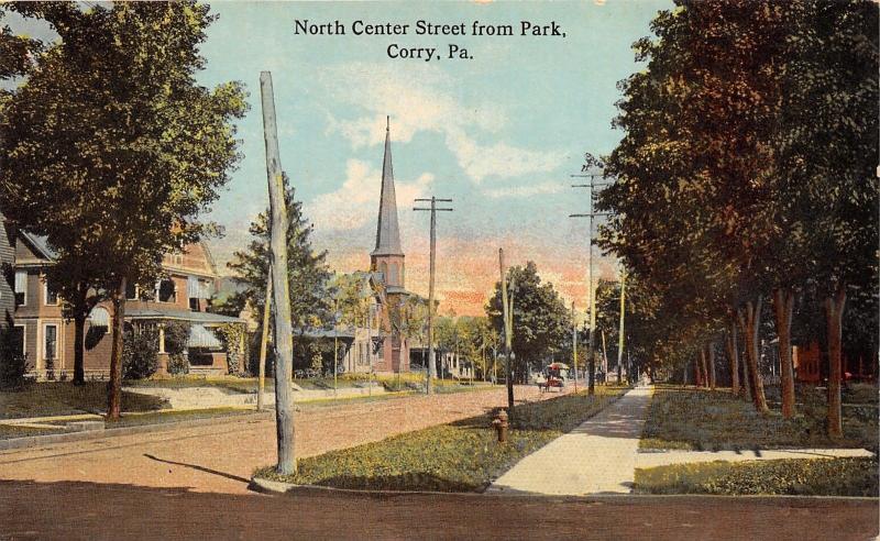 Corry Pennsylvania~North Center Street Scene from Park~Churh-Houses-Hydrant~1910