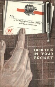 Westinghouse Electric Motor Man Hand Pen & Paper in Pocket c1915 Postcard